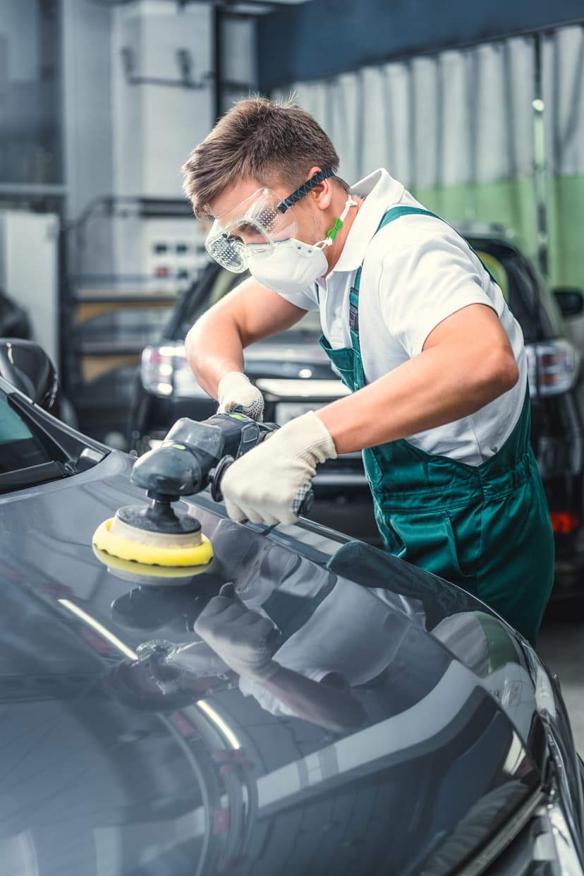 Auto technician polishing a car hood inside a workshop