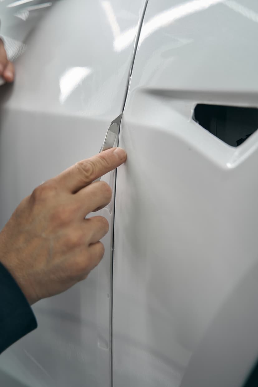 Technician inspecting dent on white car door panel before repair at Cool Cars, Hampshire